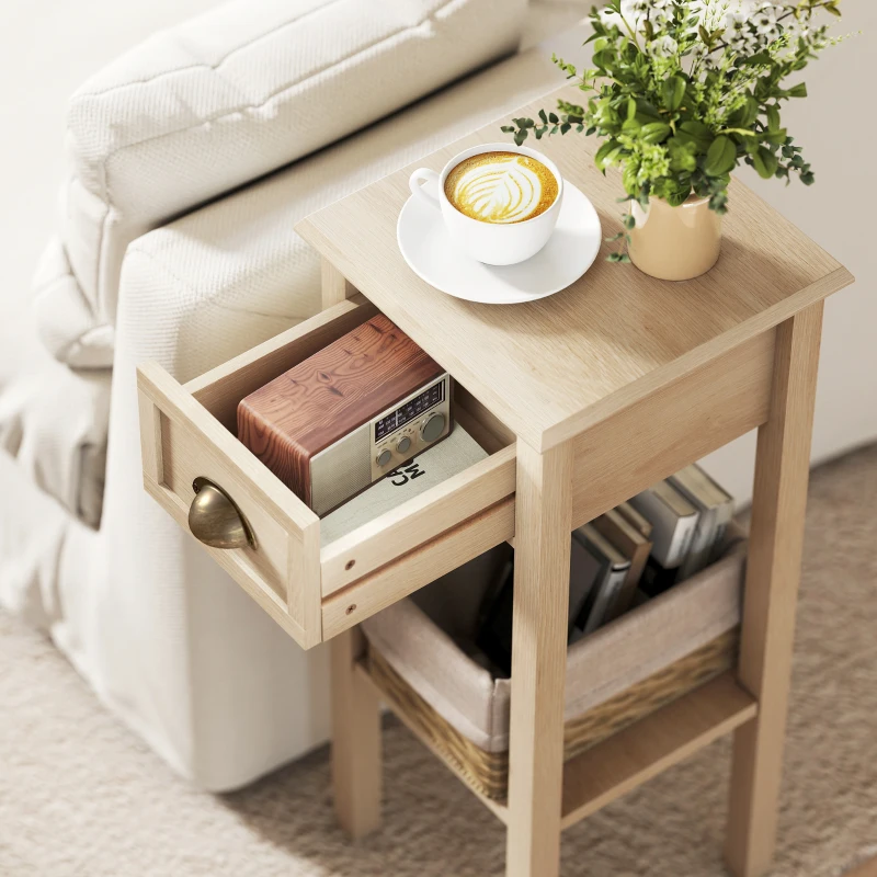 HOMCOM Mesa Auxiliar Rústica Mesa Auxiliar para Sofá con Cajón y Estante para Salón Dormitorio 30x30x75 cm Madera Natural