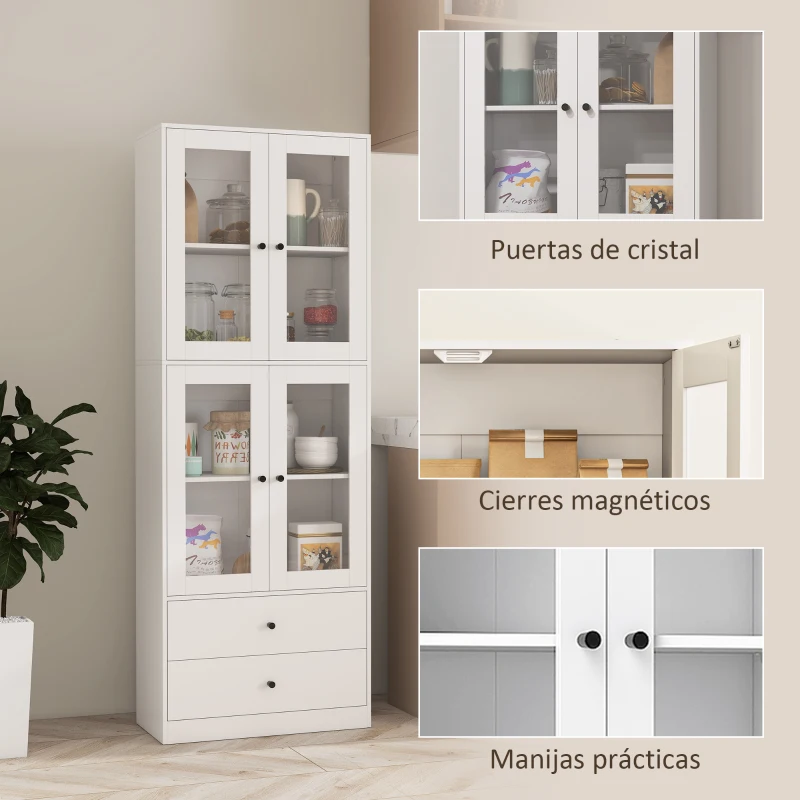 HOMCOM Alacena de Cocina Alta con 4 Puertas de Vidrio 2 Cajones Estantes Ajustables 59x30x170 cm Blanco