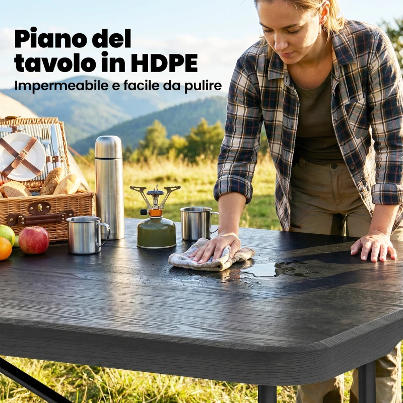 Outsunny Set Tavolo e Sedie da Campeggio 5pz con Tavolino Pieghevole e 4 Sedie, in HDPE e Metallo Nero