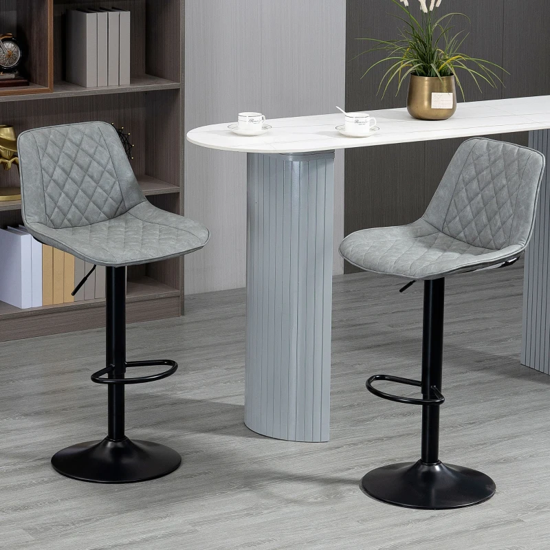 HOMCOM Juego de 2 Taburetes de Bar Giratorios Altura Ajustable 86-106 cm Tapizada en Cuero Sintético Respaldo y Reposapiés Gris