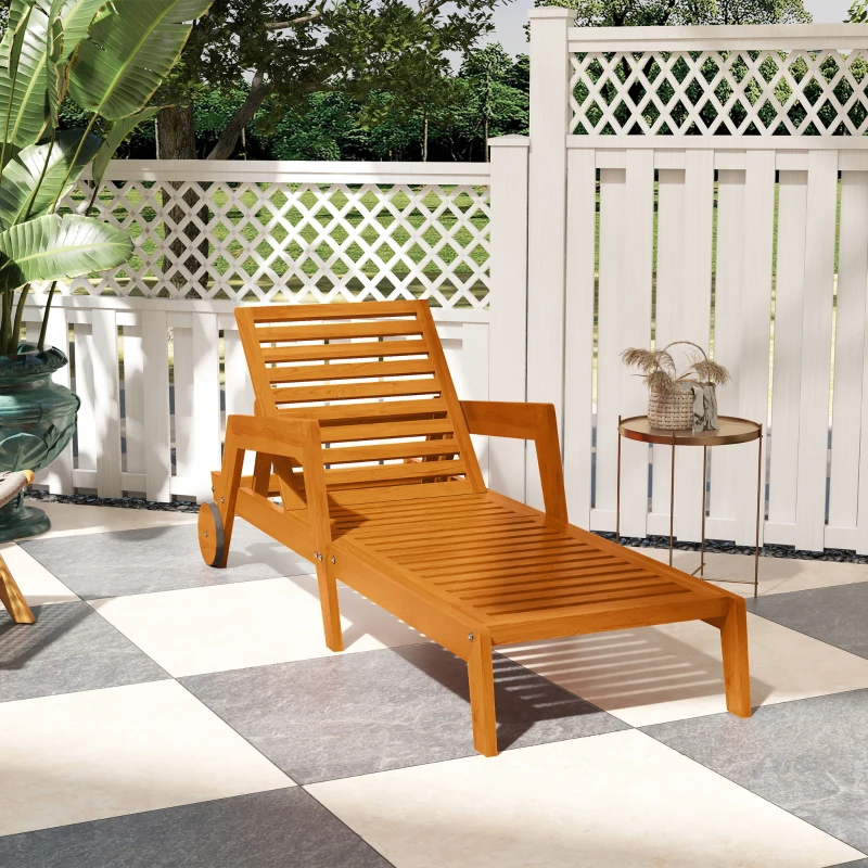 Outsunny Bain de soleil en bois à lattes avec dossier inclinable sur 3 positions accoudoirs 2 roues 66 x 190 x 73,5 cm