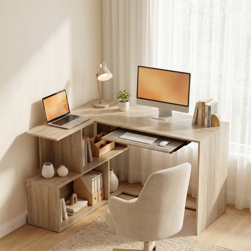 HOMCOM Bureau d'Angle, 120 x 100 x 76 cm, Bureau Informatique en L avec Plateau de Clavier, 4 Compartiments Ouverts, Naturel