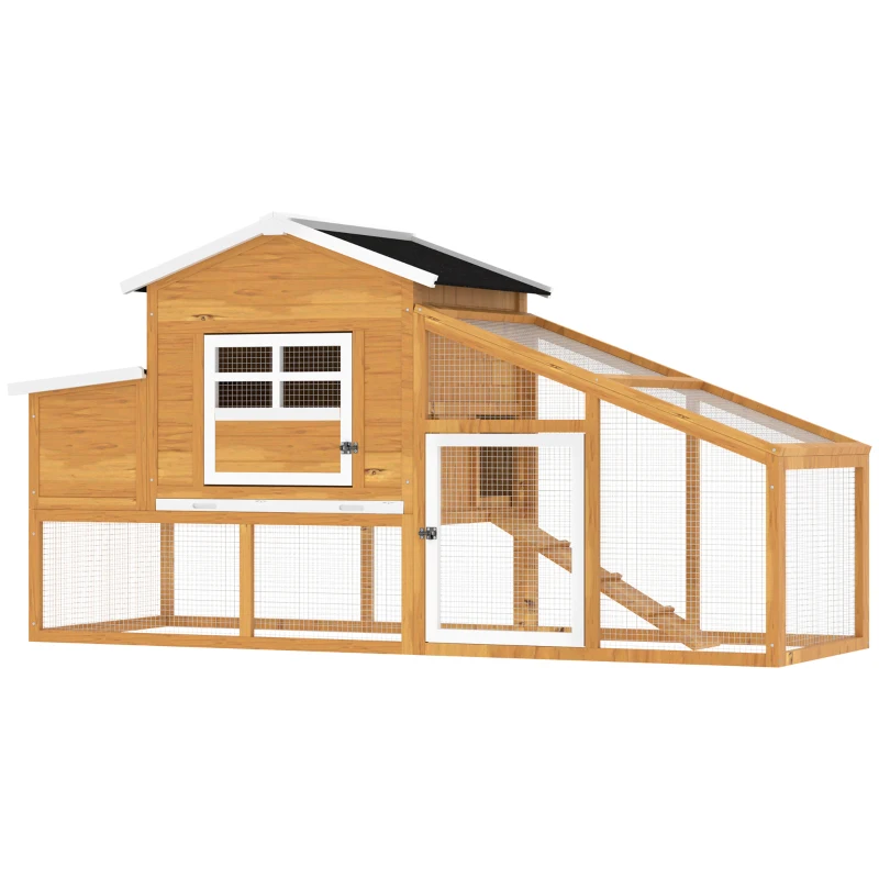 PawHut Pollaio per Galline Ovaiole da Esterno con Zona di Corsa, Pollaio per Galline da Esterno con Zona di Nidificazione e Vassoio Estraibile da Giardino in Legno, 200x80x105 cm