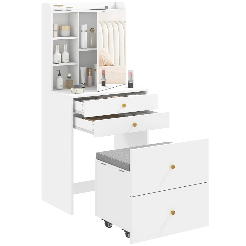 HOMCOM Schminktisch mit Spiegel und gepolstertem Hocker, kompakter Frisiertisch mit Schrank, Schubladen und offenen Ablagen, Weiß