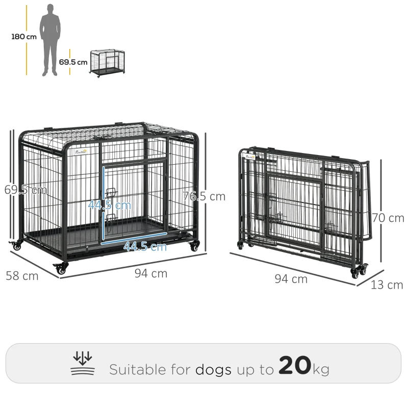 PawHut Tarc pentru caini pliabil, ușă dublă cu blocare 4 roți cu frână și fund detașabil, 109.5x71x78cm, Negru