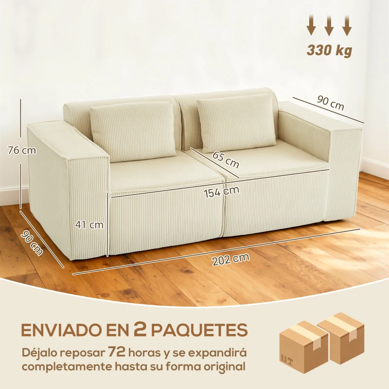 HOMCOM Sofá de 3 Plazas Tapizado en Pana Acolchado Grueso Asiento Extra Profundo Reposabrazos Anchos Montaje Rápido Beige