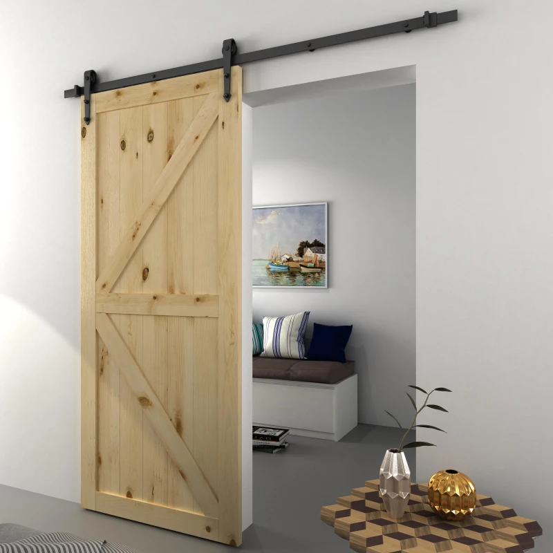HOMCOM Kit per Porta Scorrevole in Stile Rustico con Binario 200cm e Rotelle, Nero