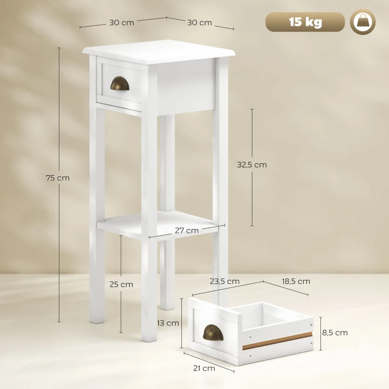 HOMCOM Mesa Auxiliar Moderna, Mesa Auxiliar para Sofá, con Cajón y Estante, Mesita de Noche para Salón, Dormitorio, 30x30x75 cm, Blanco