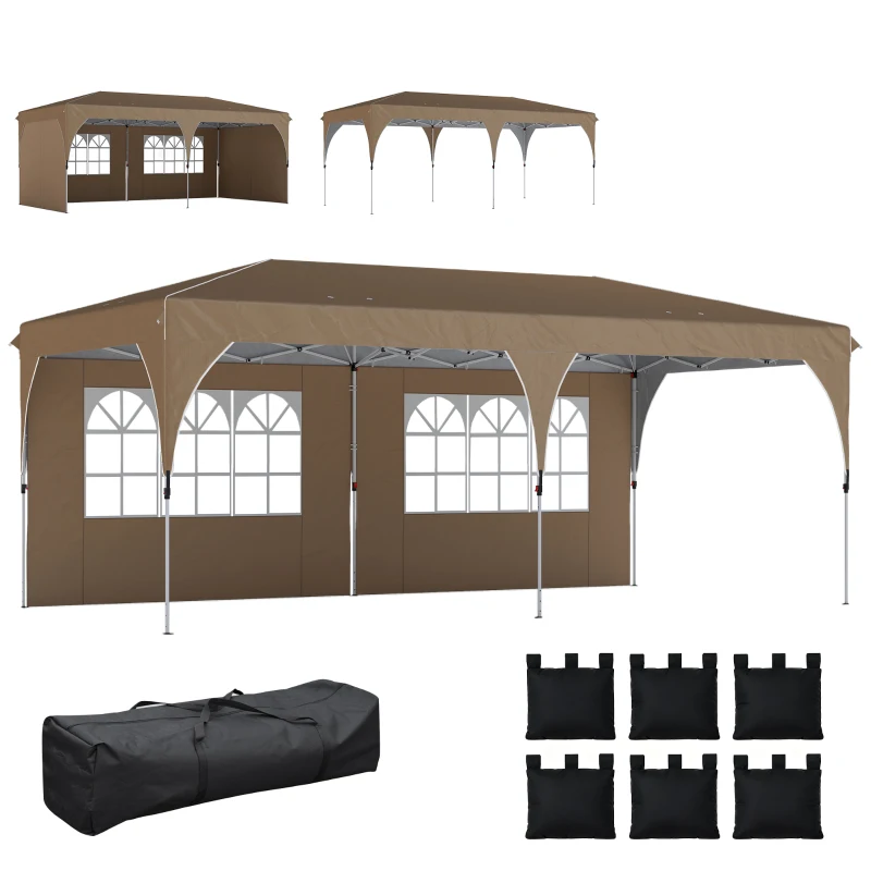 Outsunny Tenda Dobrável 6x3 m Pop-up com 4 Laterais Amovíveis Tenda de Jardim com Faixas Refletoras Altura Ajustável UPF50+ Bege