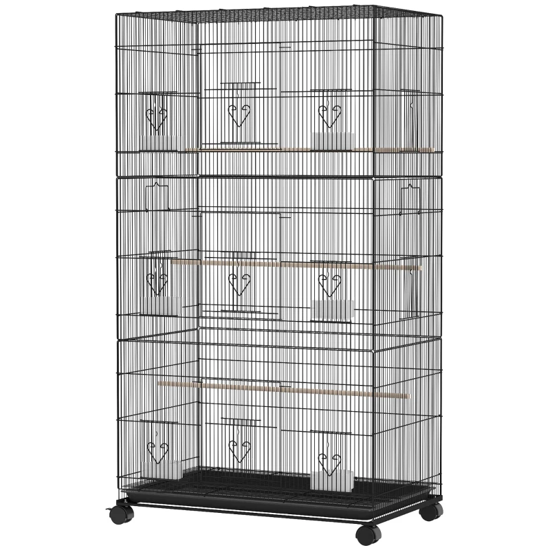 PawHut Colivie Mare pentru Păsări cu Roți 6 Hrănitoare Tavă Detașabilă Uși Multiple 3 Bârne 77x46,5x141 cm Negru