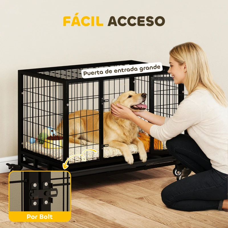 PawHut Jaula de Metal para Perros con Ruedas y Frenos Bandeja Extraíble y Puerta con Pestillo para Golden Retriver Labrador 92x62x75 cm Negro