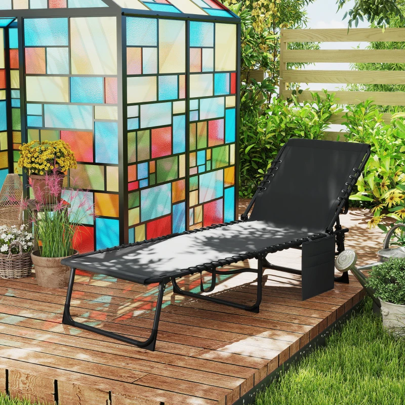 Outsunny Șezlong pliabil cu pernă, tetieră și buzunar lateral, 58x189x32,5 cm, negru