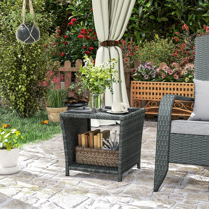 Outsunny Side Table 2-Tier Outdoor Coffee Table with Storage Shelf PS Wood Slat Top/Grey