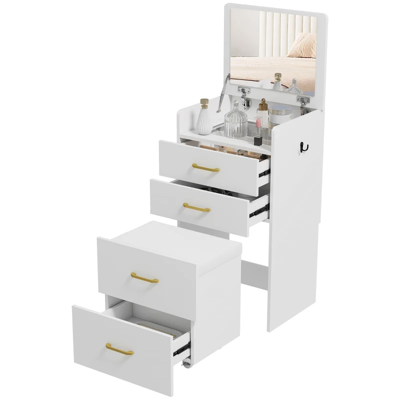 HOMCOM Coiffeuse avec miroir et tabouret 3 en 1, 3 tiroirs et plateau en verre visible, coussin rembourré, 48 x 40 x 90 cm, blanc