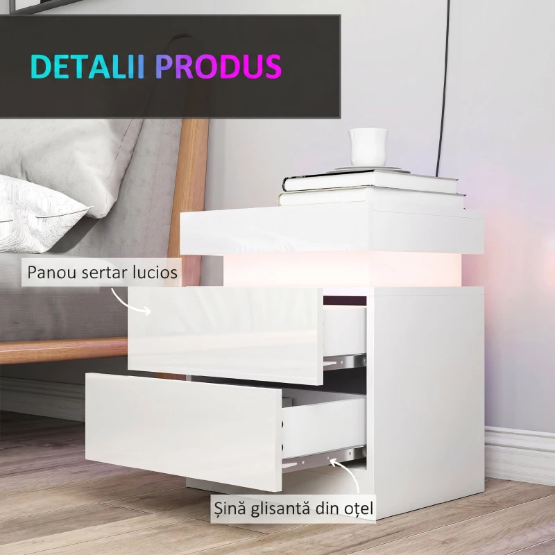 HOMCOM Set 2 Noptiere LED cu 4 Moduri, 2 Sertare, PAL, 45x35x52 cm, Alb Lucios