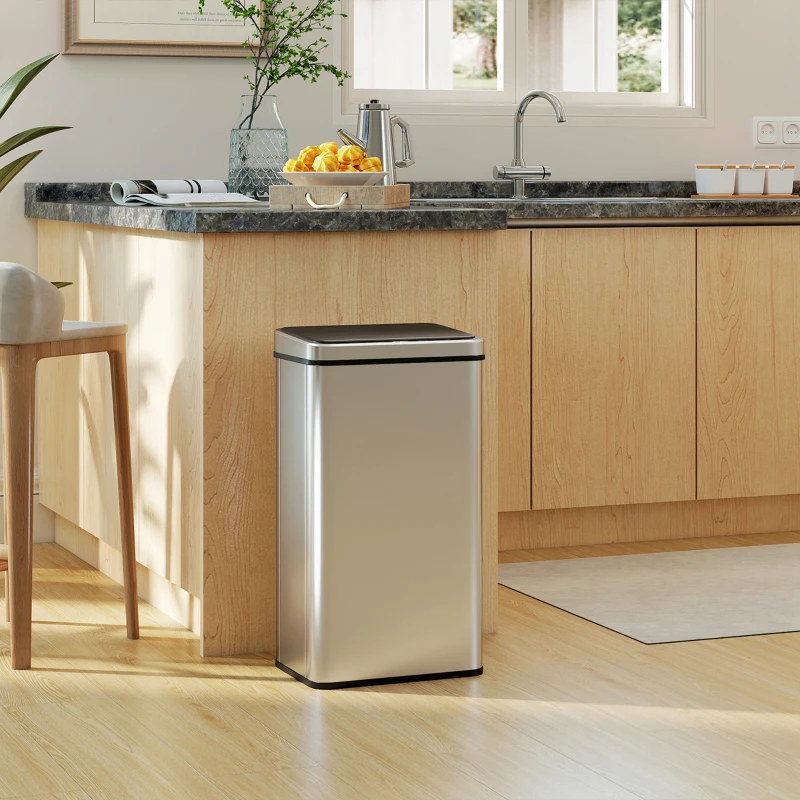 HOMCOM Poubelle à Capteur de 50L, Couvercle à Fermeture en Douceur, Poubelle de Cuisine Automatique Acier Inoxydable, Argenté