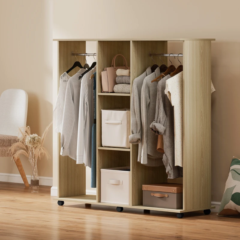 HOMCOM Armario para Ropa con Barra Estantes Abiertos Organizador para Colgar Ropa de Dormitorio 120x40x128 cm Natural