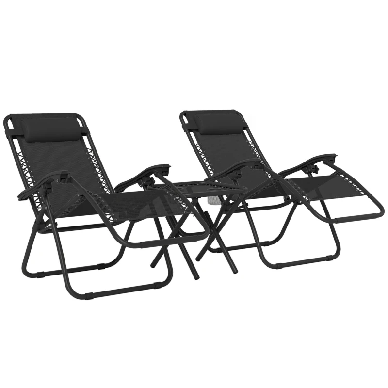 Outsunny Folding Zero Gravity Chairs, 3 Pieces Adjustable Sun Lounger and Table Set with Cup Holder and Headrest, Patio Bistro Set with Reclining Garden Chairs for Outdoor, Black