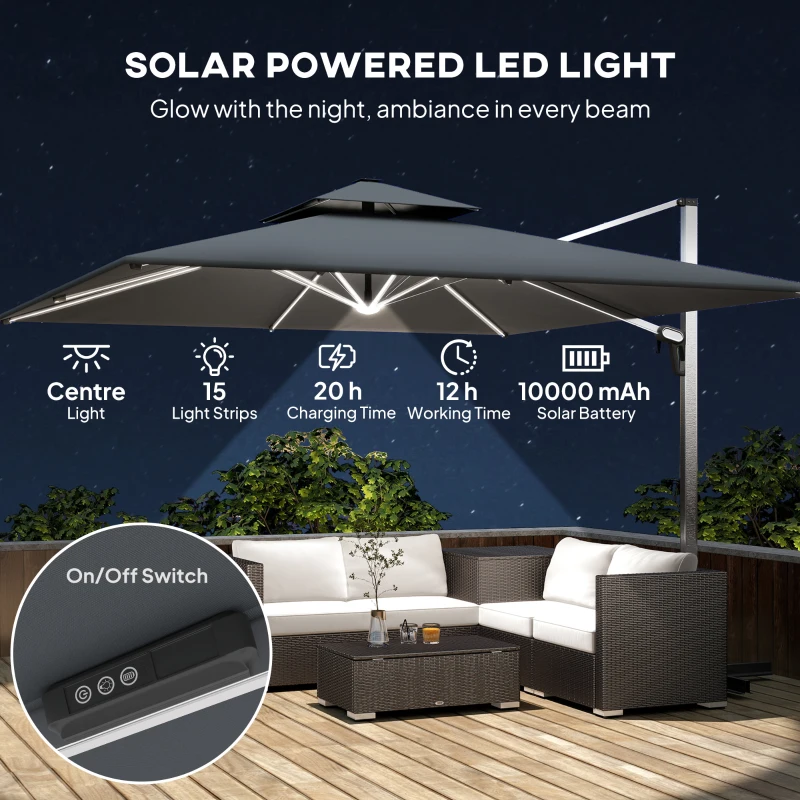 Outsunny 3(m) Garden Cantilever Parasol with Solar LED Lights, Cross Base, 360° Rotation, Crank Handle and Tilt, Grey