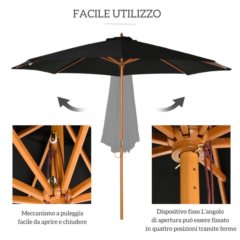 Outsunny Ombrellone da Giardino 3 m con Palo in Legno, 8 Stecche e Parasole in Poliestere, Nero