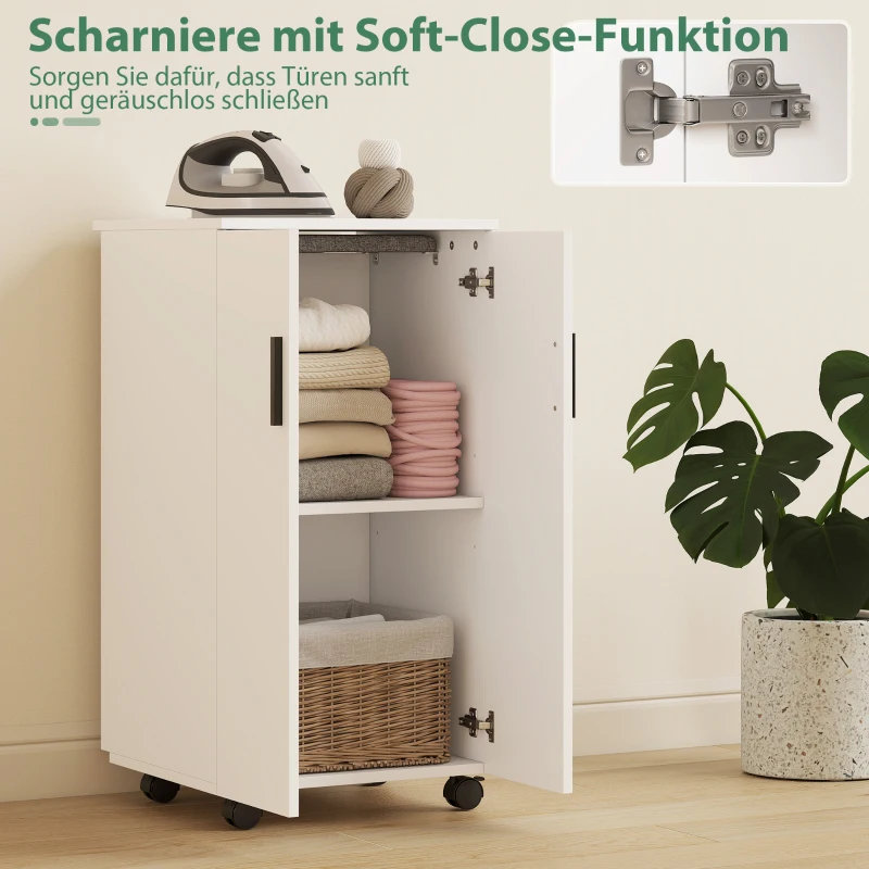 HOMCOM 2-in-1 faltbarer Bügelbrettschrank auf Rollen mit Bügelbrett und verstellbarem Regal für kleine Räume, Weiß