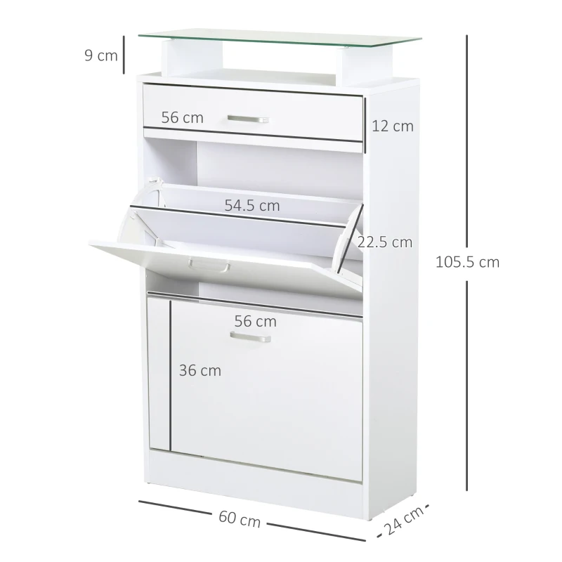 HOMCOM Dulap pentru pantofi din lemn cu 2 uși, 2 niveluri, sertar și raft din sticlă, 60x24x105.5 cm, alb