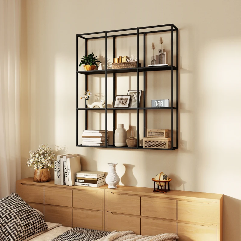 HOMCOM Industrielles Wandregal mit 9 Fächern, Metallregal für Sammlerstücke, Ideal für Wohnkultur, Schwarz