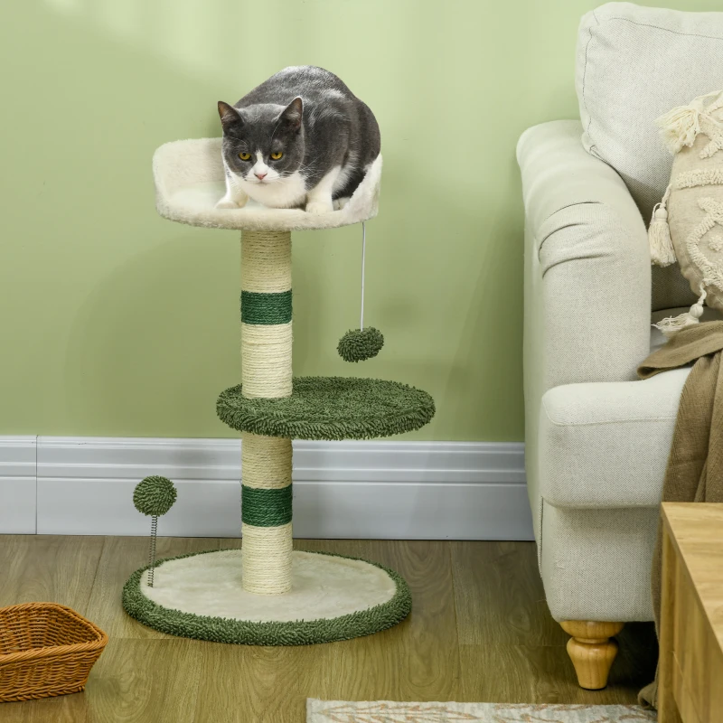PawHut Albero Tiragraffi con Lettino per Gatti, 2 Palline, Piattaforma e Palo in Sisal, Verde e Bianco
