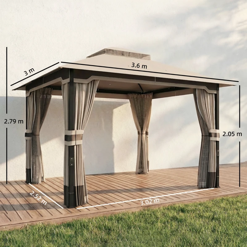 Outsunny 3 x 3.6 m Outdoor Garden Gazebo with Netting and Curtains, Double Roof Patio Gazebo Permanent Pavilion, Khaki