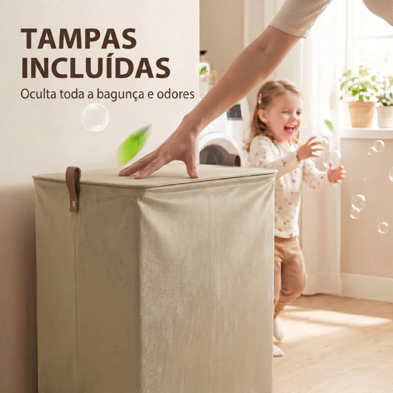 HOMCOM Cesto de Roupa Suja com Tampa e Rodas, 50L, Dobrável com Bolsa com Cordão Removível, 40x30x65 cm, Castanho