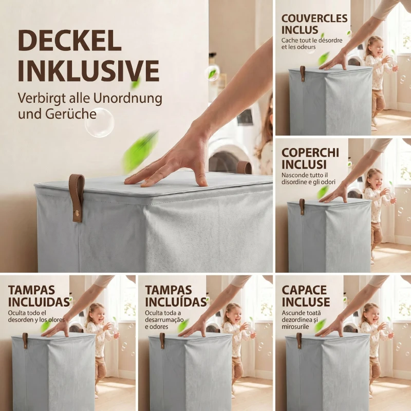 HOMCOM Cesto de Roupa Suja com Tampa e Rodas, 50L, Dobrável com Saco com Cordão Removível, 40x30x65 cm, Cinzento