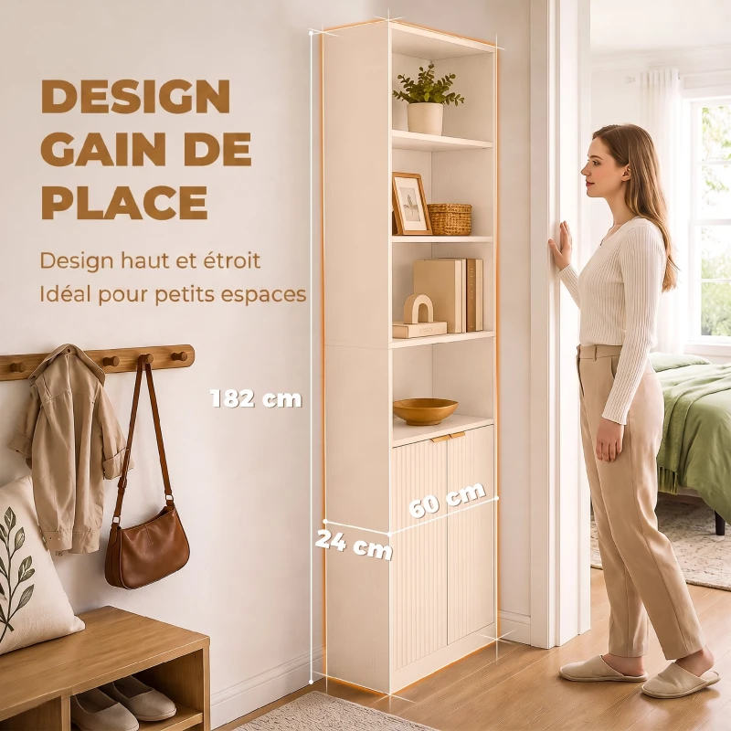 HOMCOM Bibliothèque à 6 Niveaux, Meuble de Rangement, 60 x 24 x 182 cm avec 4 Compartiments Ouverts et 2 Portes, Blanc