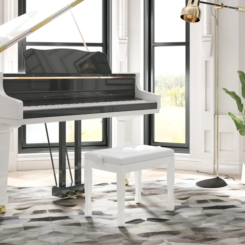 HOMCOM Banc de piano, banc de clavier réglable en hauteur en bois massif, siège rembourré, 64 x 35 x 45-55 cm, blanc
