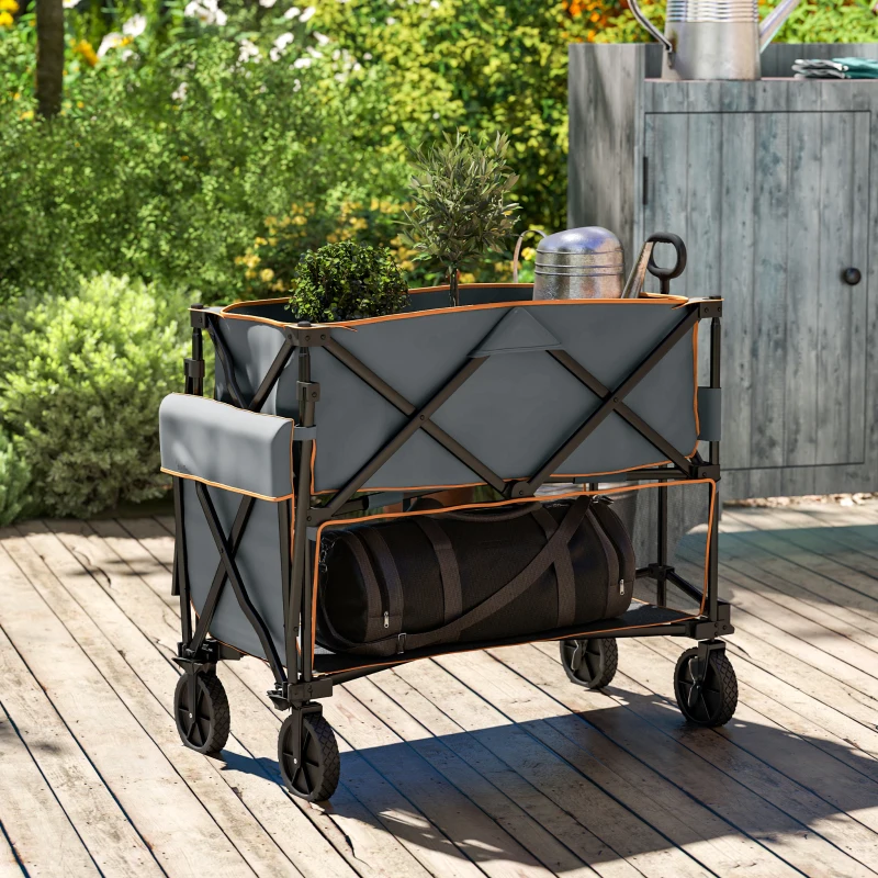 Outsunny Double Decker Folding Festival Trolley on Wheels, 200KG & 350L Capacity Collapsible Wagon Festival Trolley Cart with 134cm Extended for Camping Sports Shopping Garden and Beach, Grey