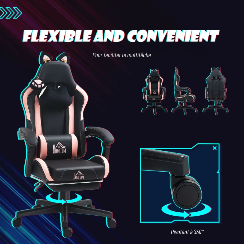 HOMCOM Chaise gaming ergonomique avec Oreilles de Chat, fauteuil gamer avec dossier inclinable, 65 x 62 x 124 cm, noir