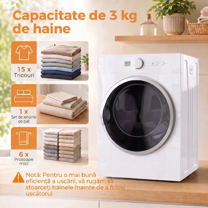 HOMCOM Mini Uscător de Rufe Portabil 3 kg, 1020W, Încălzire PTC, Timer, Alb