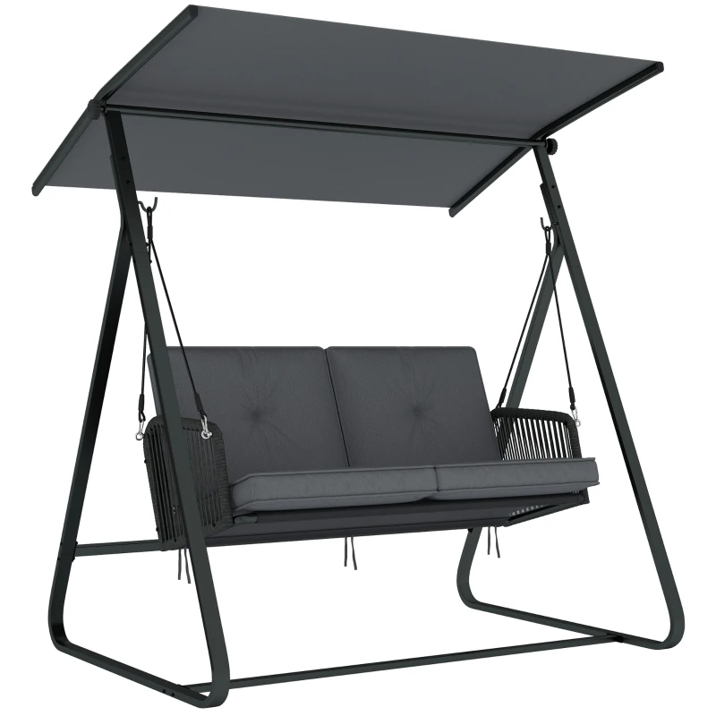 Outsunny Balancelle de jardin 2 places en résine tressée, balançoire extérieure avec toit réglable et coussin épais, gris