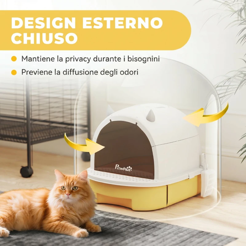 PawHut Lettiera per Gatti Chiusa con Vassoio Estraibile, Maniglia, Paletta e 2 Filtri al Carbone Attivo, Giallo