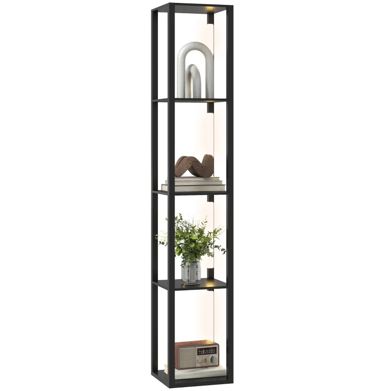 HOMCOM Lampadaire avec Étagères à 4 Niveaux LED Dimmable avec Variateur d'Intensité et Interrupteur au Pied pour Salon Chambre et Bureau MDF Plastique Noir