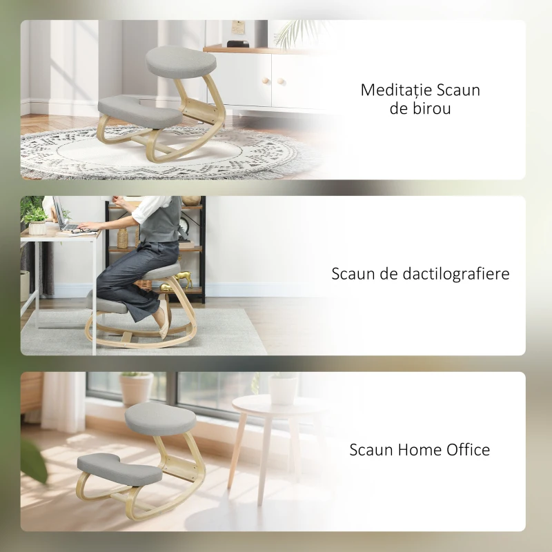 HOMCOM Scaun cu Genunchii cu Mișcare de Balans, din Țesătură și Lemn de Mesteacăn, 50x73x55 cm, Gri