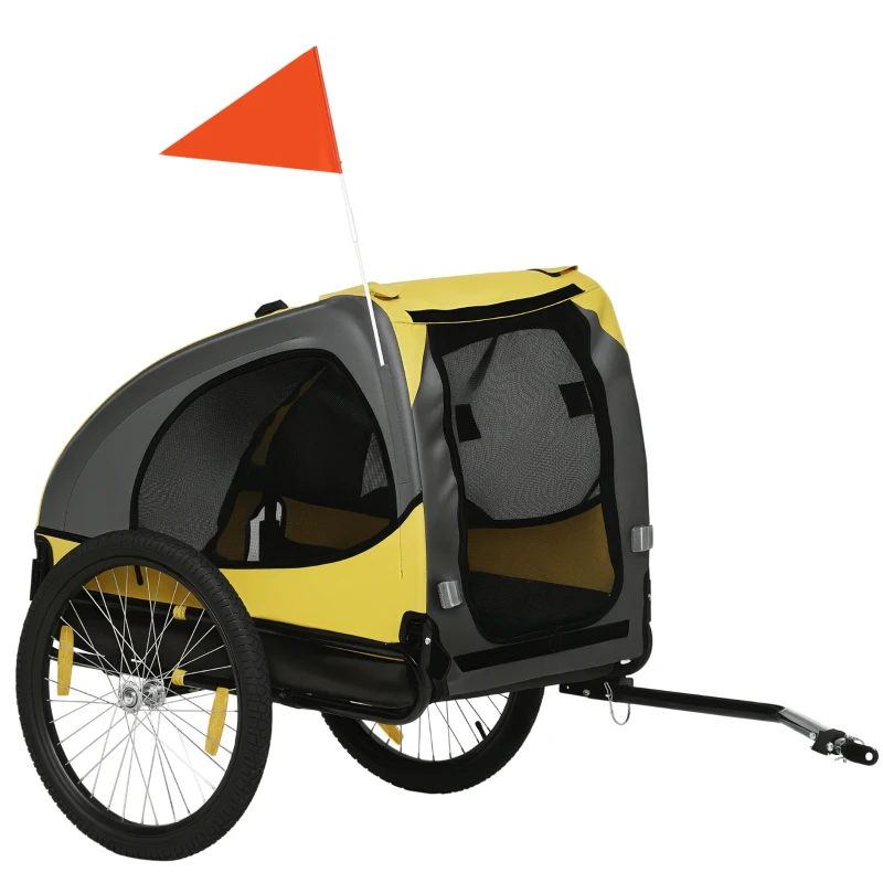 PawHut Remorque de vélo pour chien avec fenêtres en maille réflecteurs et drapeau de sécurité 140 x 71 x 83 cm jaune