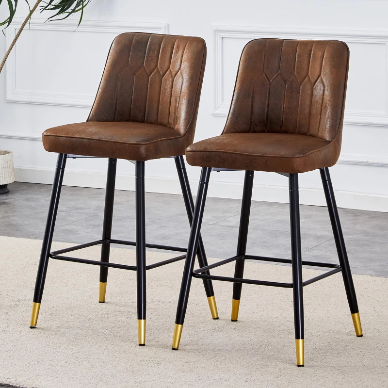 Lot de 2 tabourets de bar hauteur, design moderne et confortable, dossier incurvé et repose-pieds, 42x45x100 cm, Marron+Noir