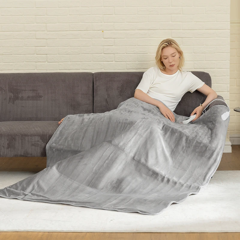 HOMCOM Electric Heated Blanket Throw 140 x 160cm with Dual Controllers, Machine Washable Heated Throw Blanket with Ultra Soft Flannel Fabric, 5 Heating Levels, 10 Hour Timer, Grey