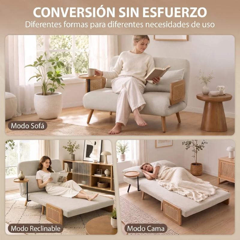 HOMCOM Sofá Cama 2 Plazas Convertible 3 en 1 Tapizado en Chenilla con Respaldo Ajustable Mesa Lateral 2 Almohadas Blanco Crema