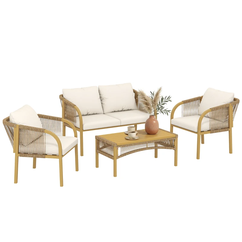 Outsunny Salon de Jardin Extérieur 4 Pièces avec Canapé 2 Fauteuils Table Coussins, Acier Résine Tressée, 120x72x73cm, Kaki