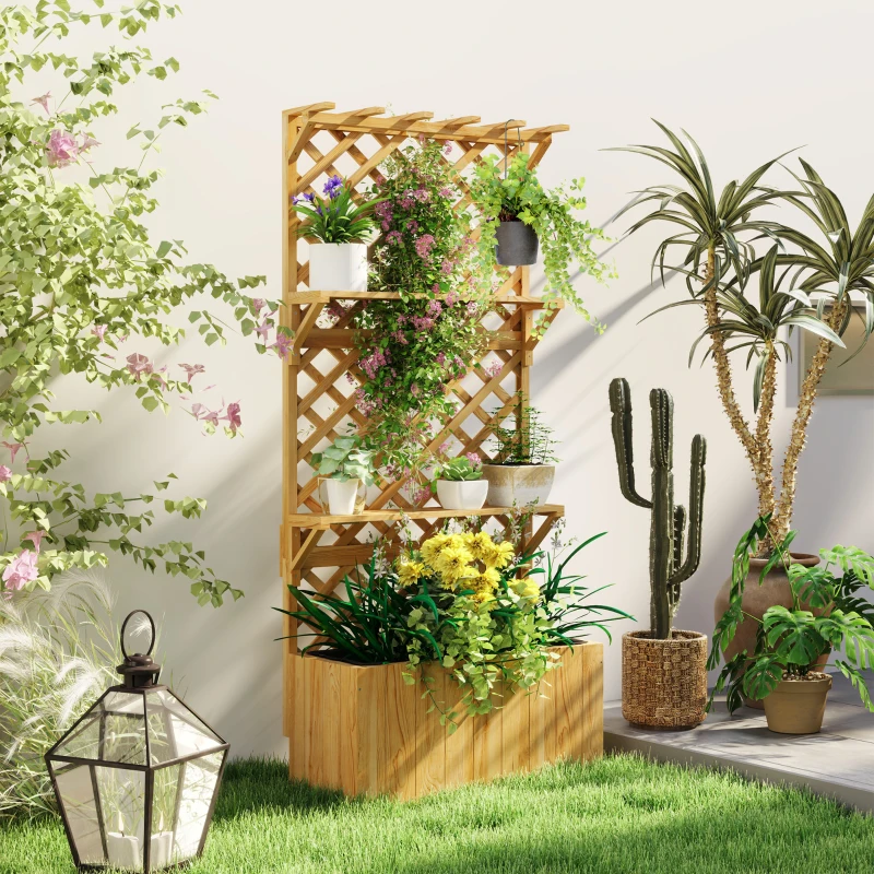 Outsunny Jardinière avec treillis lit surélevé de jardin en bois avec toit suspendu, trous de drainage et doublure, naturel