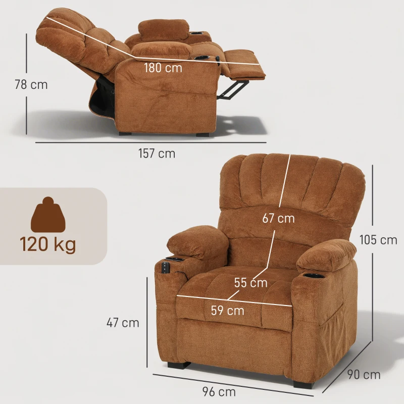 HOMCOM Poltrona Relax Reclinável Elétrica com Função Memória Apoia-Pés Controlo Remoto Bolsos Laterais Porta USB Porta-Copos Castanho