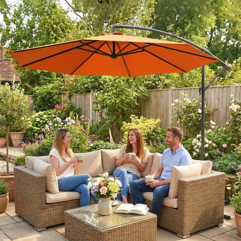 Outsunny 3 m Cantilever Parasol with Cross Base, Offset Outdoor Umbrella with Crank Handle, Hanging Sun Shade, Orange