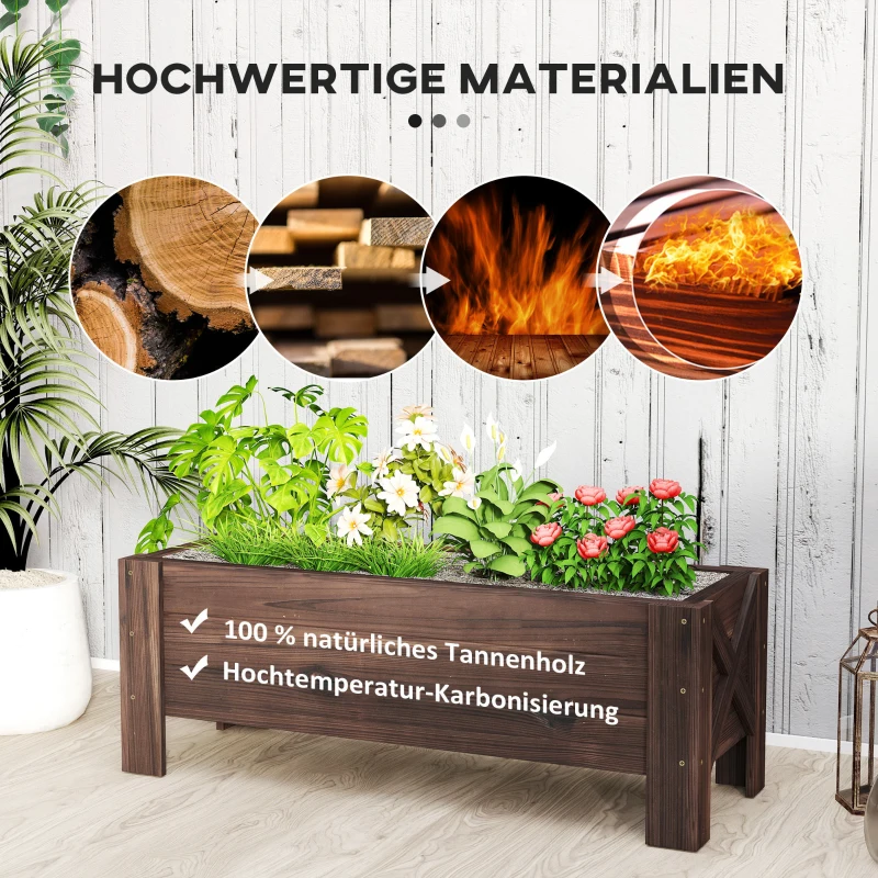 Outsunny verhoogd bed met behandeling van carbonisatie plantenbak plantenfolie met 2 lekgaten dennenhout verkoold 100 x 36,5 x 36 cm