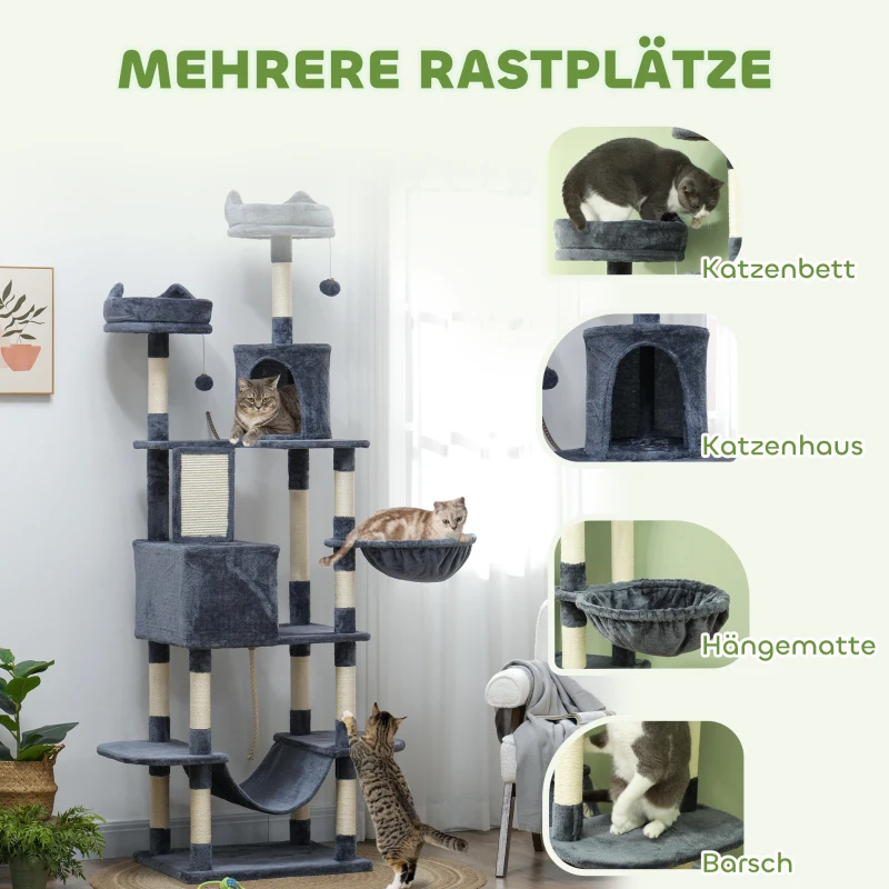 PawHut Krabpaal 206 cm Kattentoren met Grot, 2 Speelballen, Sisalstammen, Platform voor Grote Katten, Donkergrijs